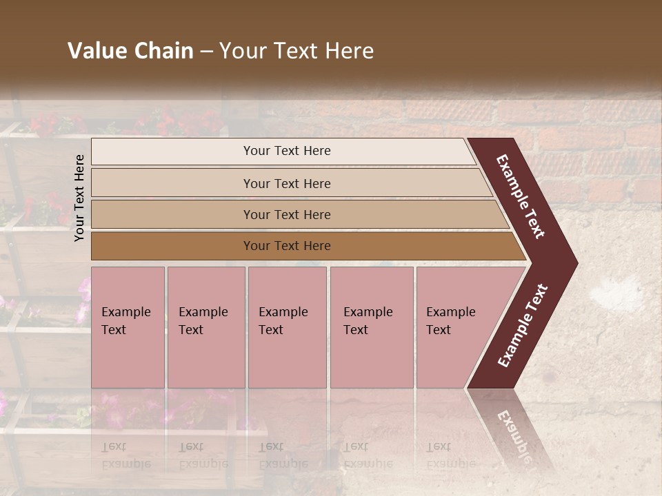 A Brick Wall With A Wooden Shelf Filled With Flowers PowerPoint Template