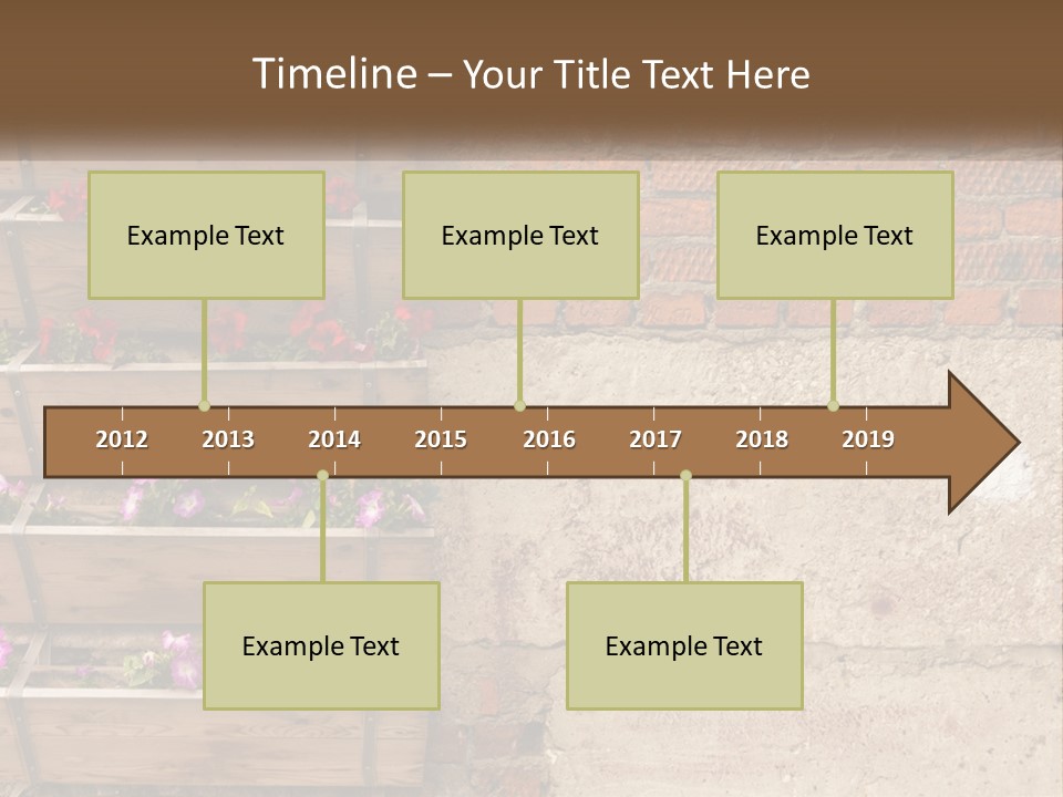 A Brick Wall With A Wooden Shelf Filled With Flowers PowerPoint Template