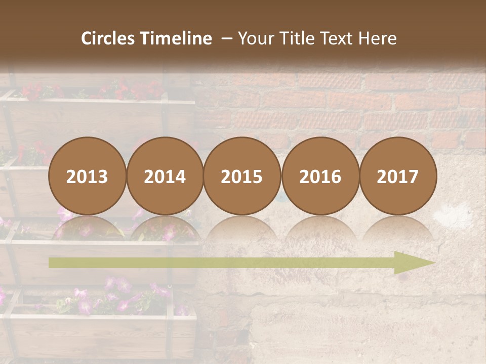 A Brick Wall With A Wooden Shelf Filled With Flowers PowerPoint Template