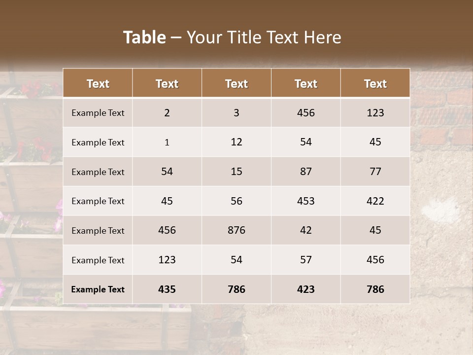 A Brick Wall With A Wooden Shelf Filled With Flowers PowerPoint Template