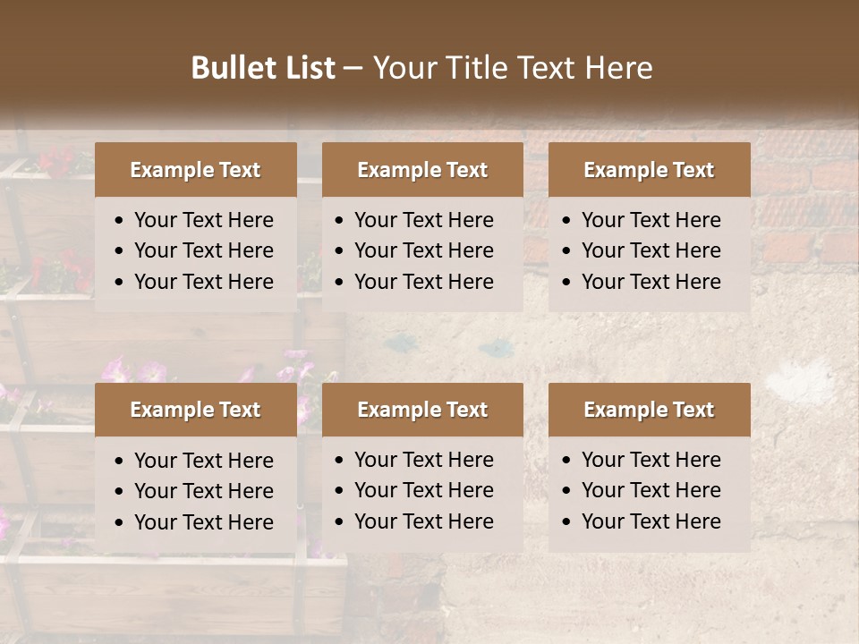 A Brick Wall With A Wooden Shelf Filled With Flowers PowerPoint Template