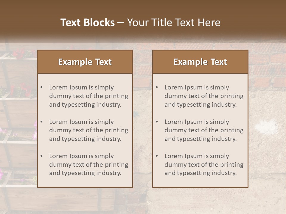 A Brick Wall With A Wooden Shelf Filled With Flowers PowerPoint Template