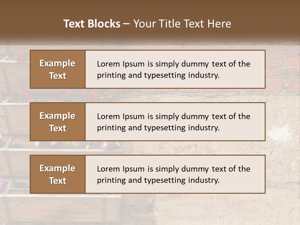 A Brick Wall With A Wooden Shelf Filled With Flowers PowerPoint Template