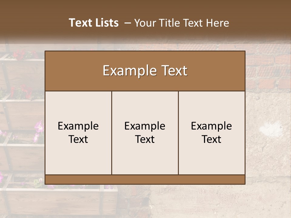 A Brick Wall With A Wooden Shelf Filled With Flowers PowerPoint Template