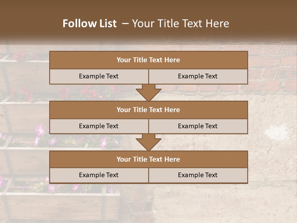 A Brick Wall With A Wooden Shelf Filled With Flowers PowerPoint Template