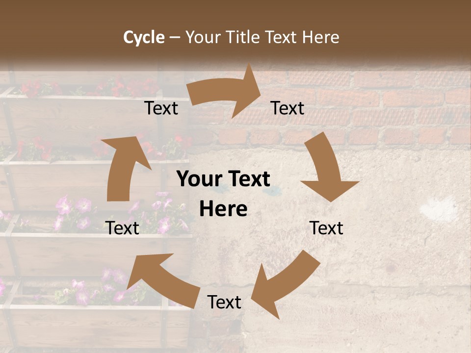 A Brick Wall With A Wooden Shelf Filled With Flowers PowerPoint Template