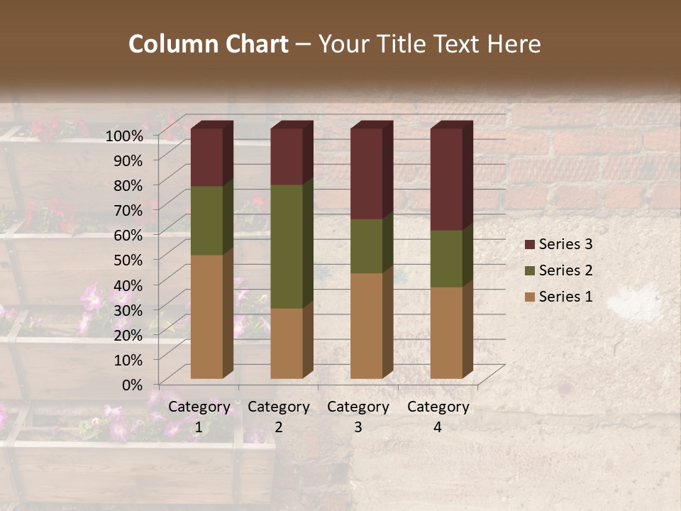 A Brick Wall With A Wooden Shelf Filled With Flowers PowerPoint Template