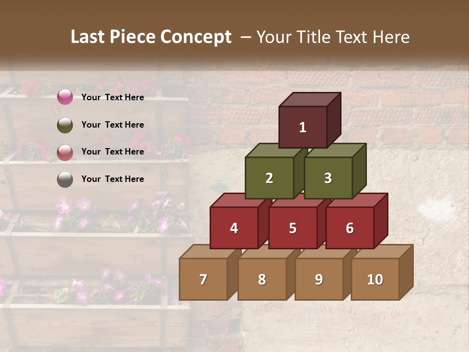 A Brick Wall With A Wooden Shelf Filled With Flowers PowerPoint Template