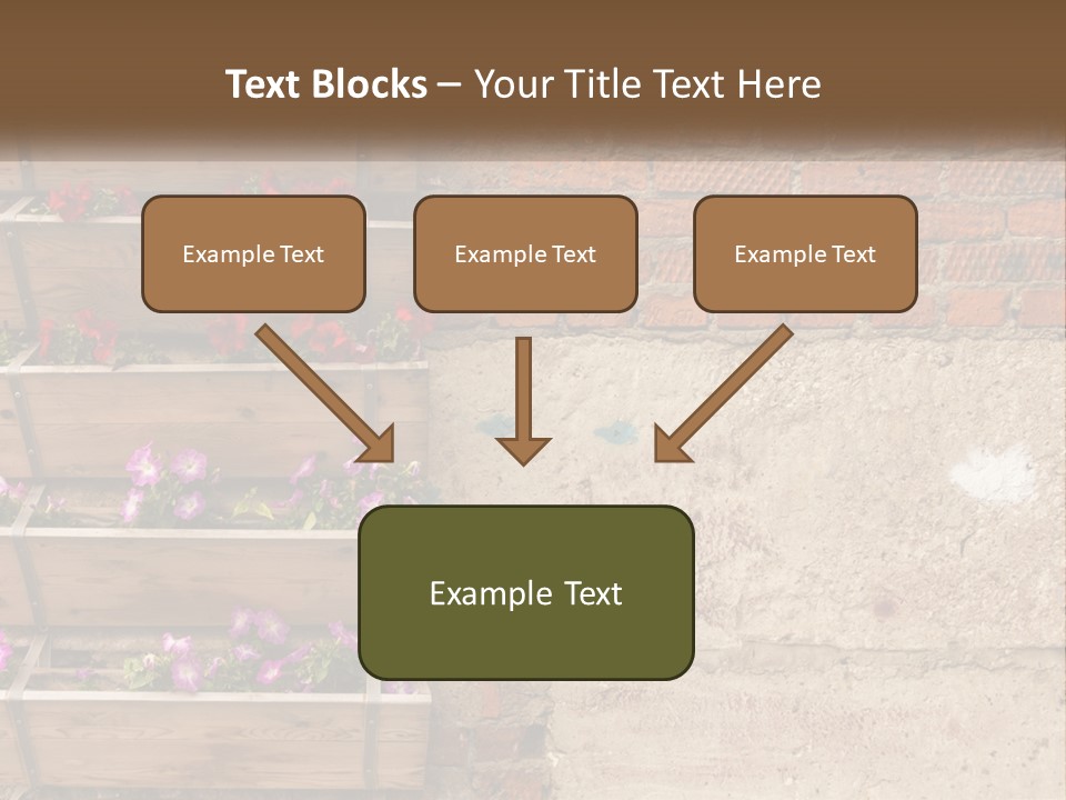 A Brick Wall With A Wooden Shelf Filled With Flowers PowerPoint Template