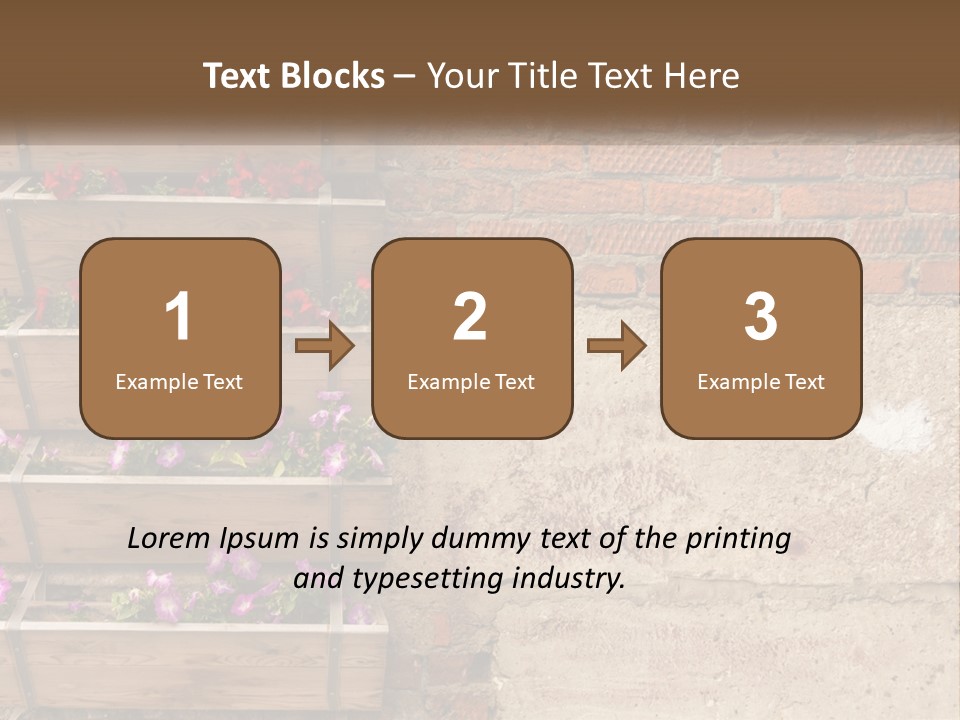 A Brick Wall With A Wooden Shelf Filled With Flowers PowerPoint Template