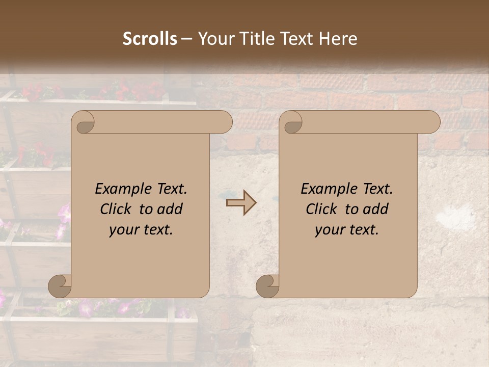 A Brick Wall With A Wooden Shelf Filled With Flowers PowerPoint Template