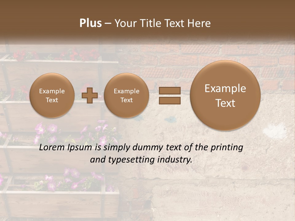 A Brick Wall With A Wooden Shelf Filled With Flowers PowerPoint Template