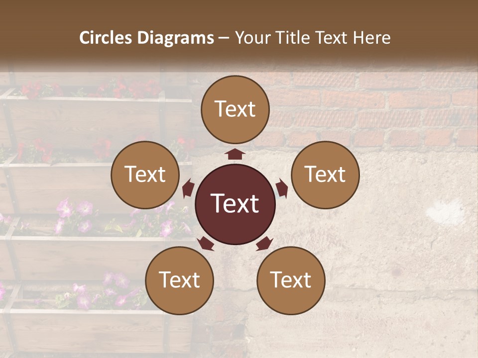 A Brick Wall With A Wooden Shelf Filled With Flowers PowerPoint Template