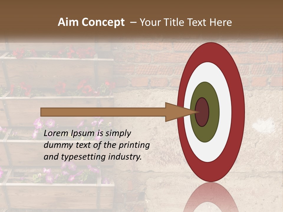 A Brick Wall With A Wooden Shelf Filled With Flowers PowerPoint Template