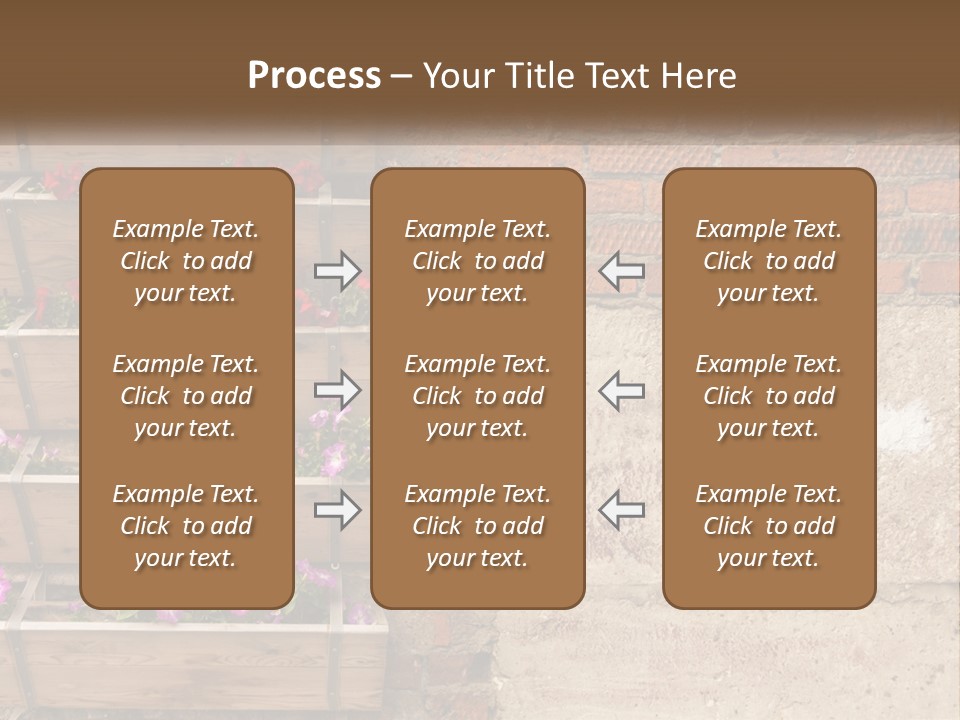 A Brick Wall With A Wooden Shelf Filled With Flowers PowerPoint Template