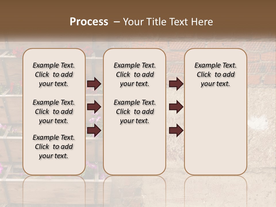 A Brick Wall With A Wooden Shelf Filled With Flowers PowerPoint Template