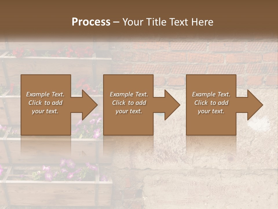 A Brick Wall With A Wooden Shelf Filled With Flowers PowerPoint Template