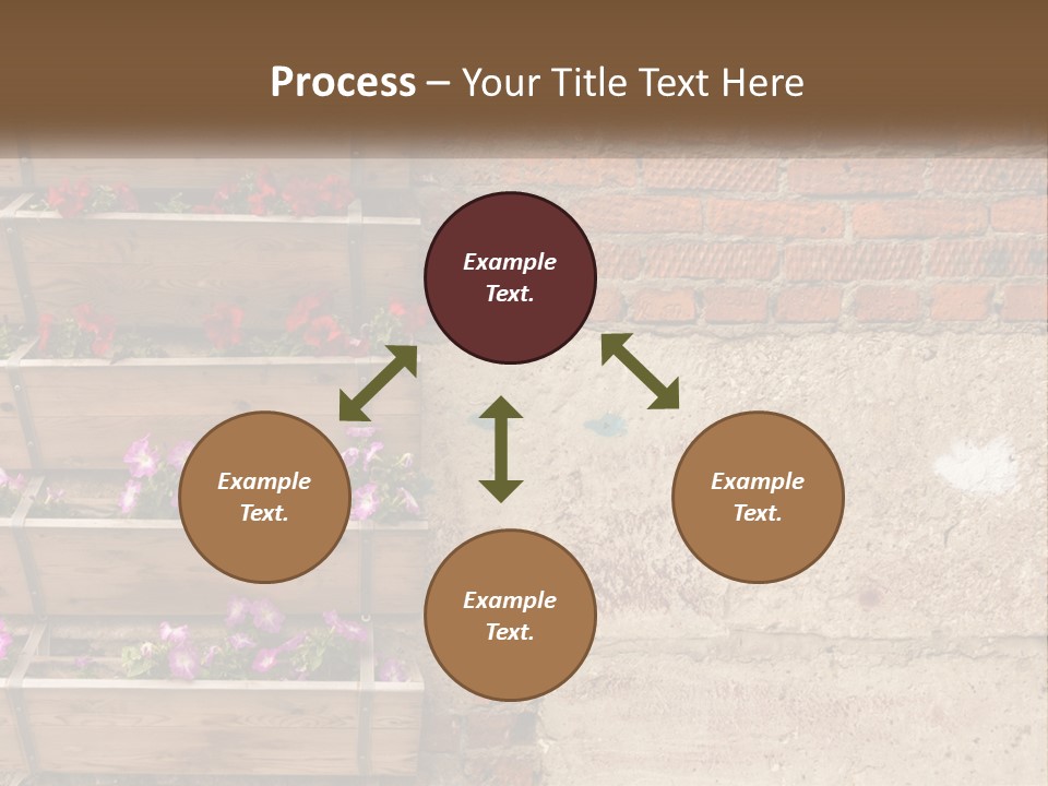 A Brick Wall With A Wooden Shelf Filled With Flowers PowerPoint Template