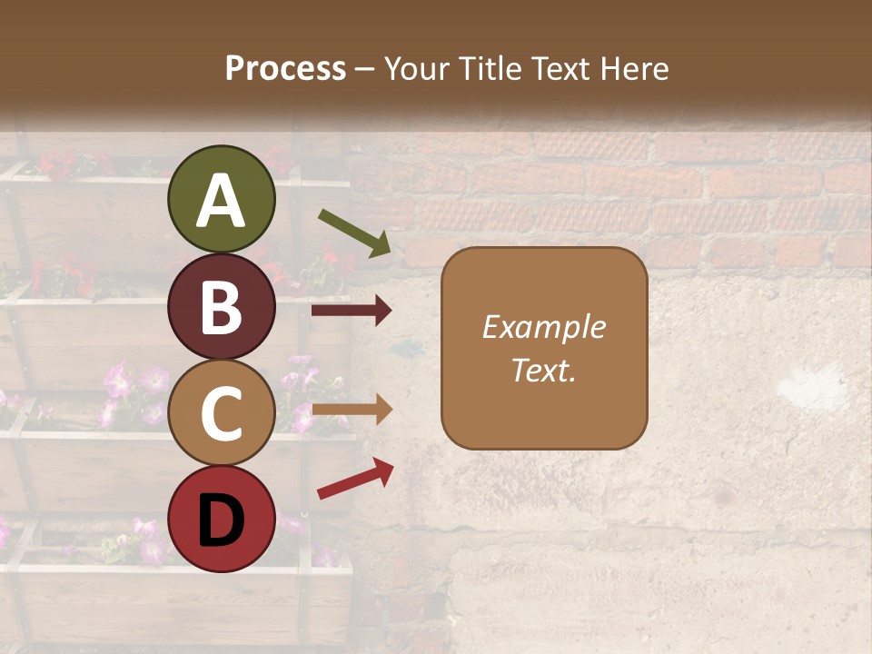 A Brick Wall With A Wooden Shelf Filled With Flowers PowerPoint Template