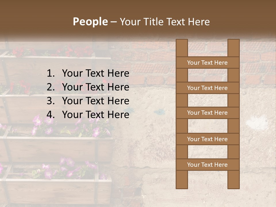 A Brick Wall With A Wooden Shelf Filled With Flowers PowerPoint Template