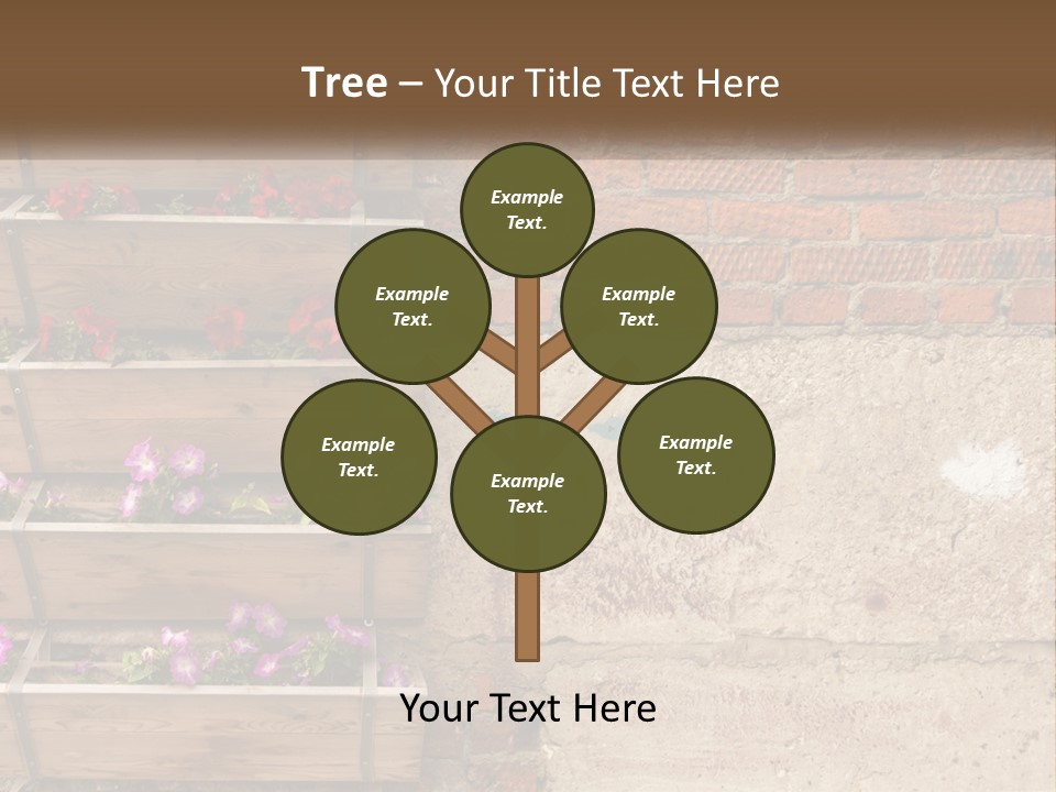 A Brick Wall With A Wooden Shelf Filled With Flowers PowerPoint Template