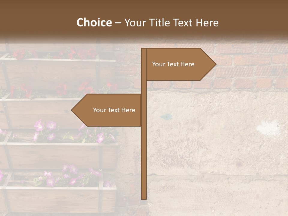 A Brick Wall With A Wooden Shelf Filled With Flowers PowerPoint Template