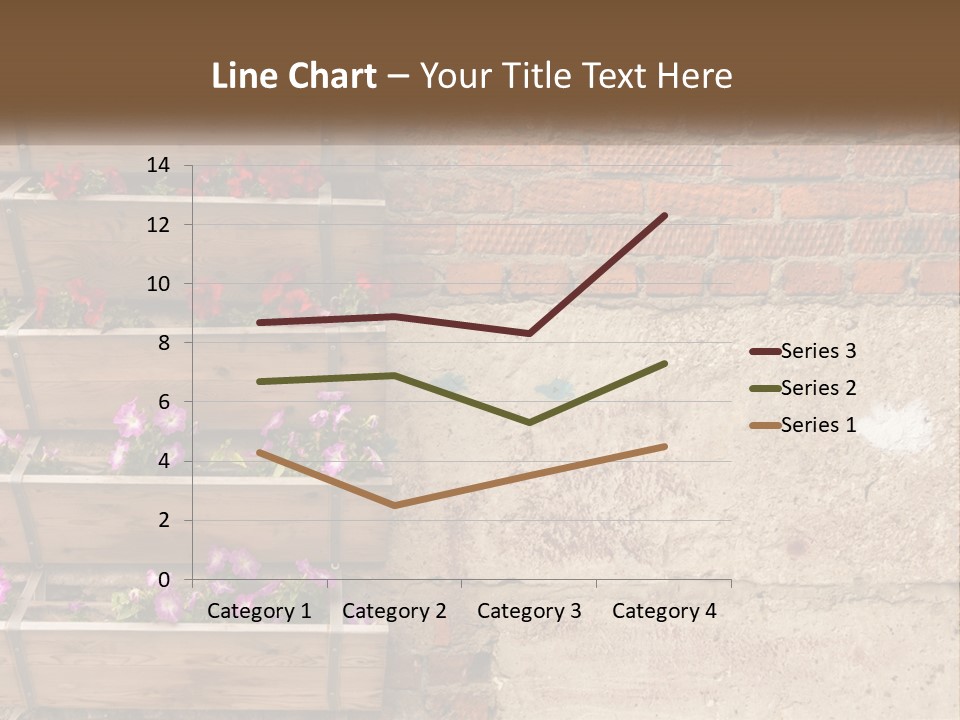 A Brick Wall With A Wooden Shelf Filled With Flowers PowerPoint Template