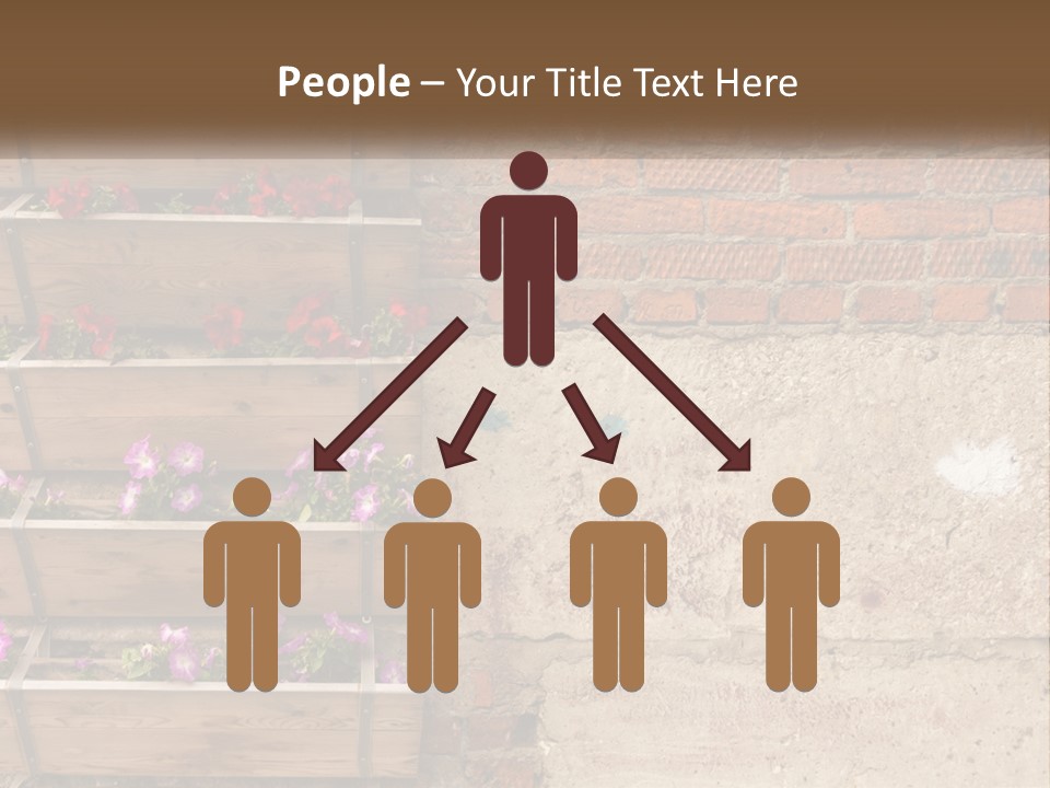 A Brick Wall With A Wooden Shelf Filled With Flowers PowerPoint Template