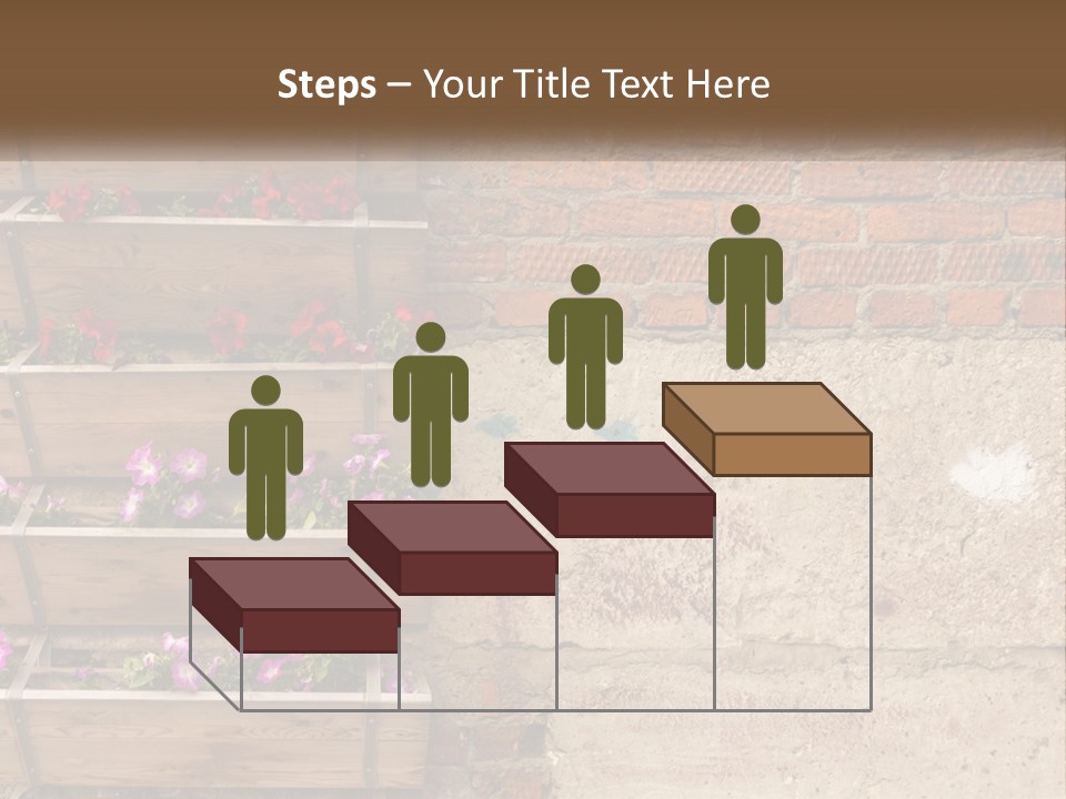 A Brick Wall With A Wooden Shelf Filled With Flowers PowerPoint Template