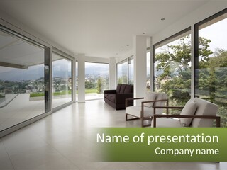 A Living Room Filled With Furniture And Large Windows PowerPoint Template