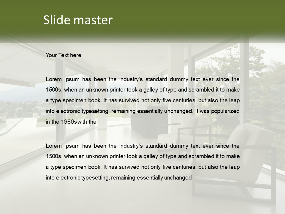 A Living Room Filled With Furniture And Large Windows PowerPoint Template