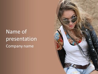 A Woman With A Leather Jacket And Sunglasses Sitting On A Rock PowerPoint Template