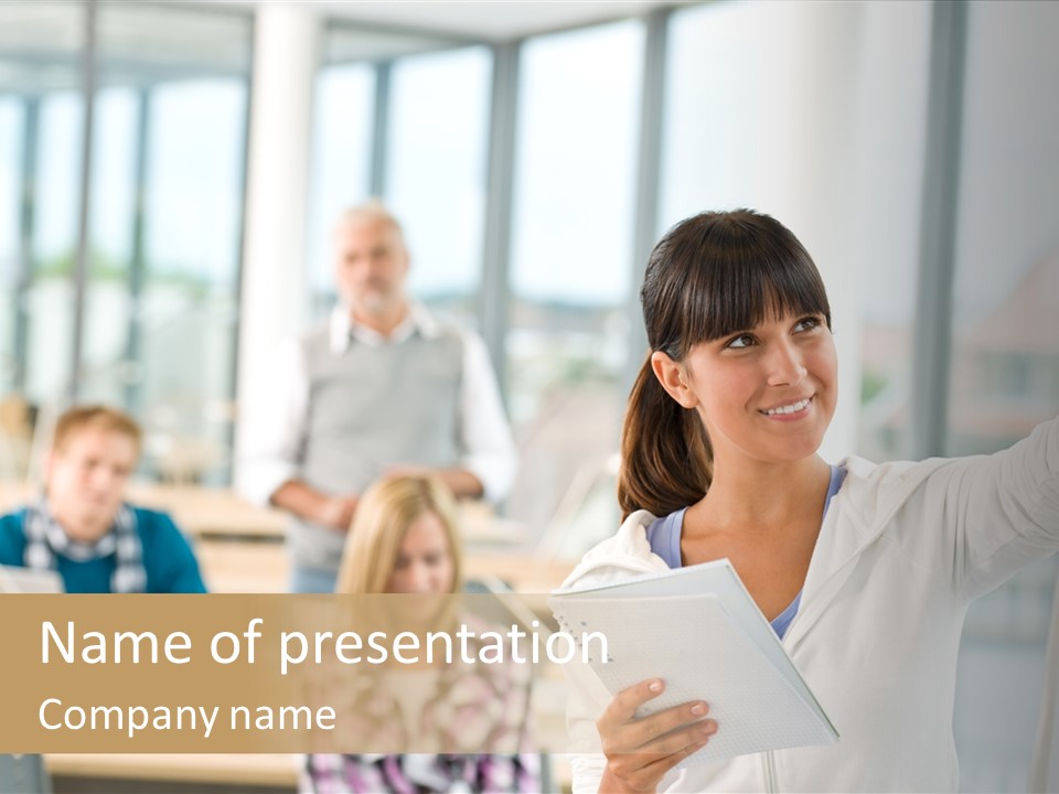 A Woman Holding A Piece Of Paper In Front Of A Group Of People PowerPoint Template