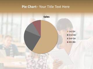 A Woman Holding A Piece Of Paper In Front Of A Group Of People PowerPoint Template