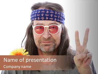 A Man With Long Hair Wearing Sunglasses And A Bandana Holds Up A Peace Sign PowerPoint Template