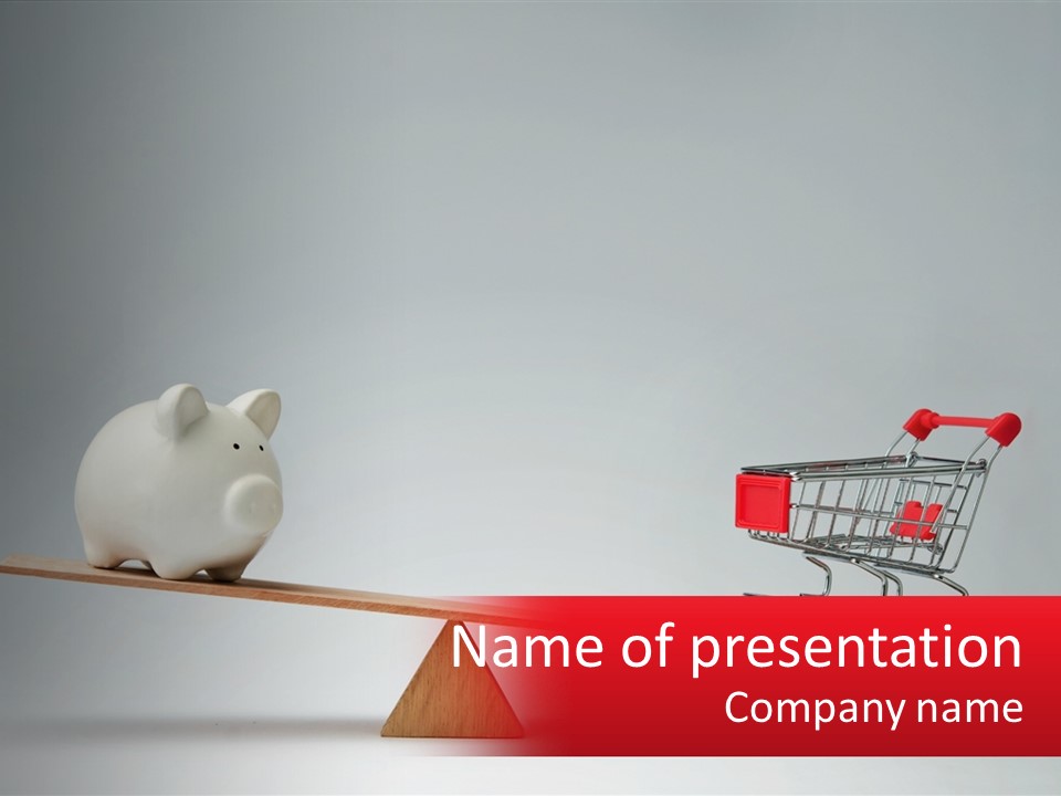 A Piggy Bank Sitting On Top Of A Wooden Seesaw With A Shopping Cart PowerPoint Template
