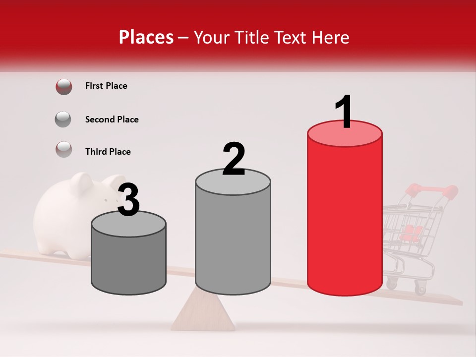 A Piggy Bank Sitting On Top Of A Wooden Seesaw With A Shopping Cart PowerPoint Template