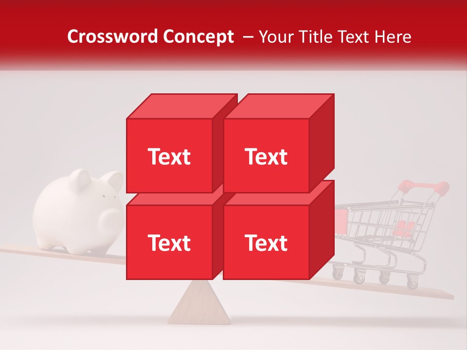 A Piggy Bank Sitting On Top Of A Wooden Seesaw With A Shopping Cart PowerPoint Template