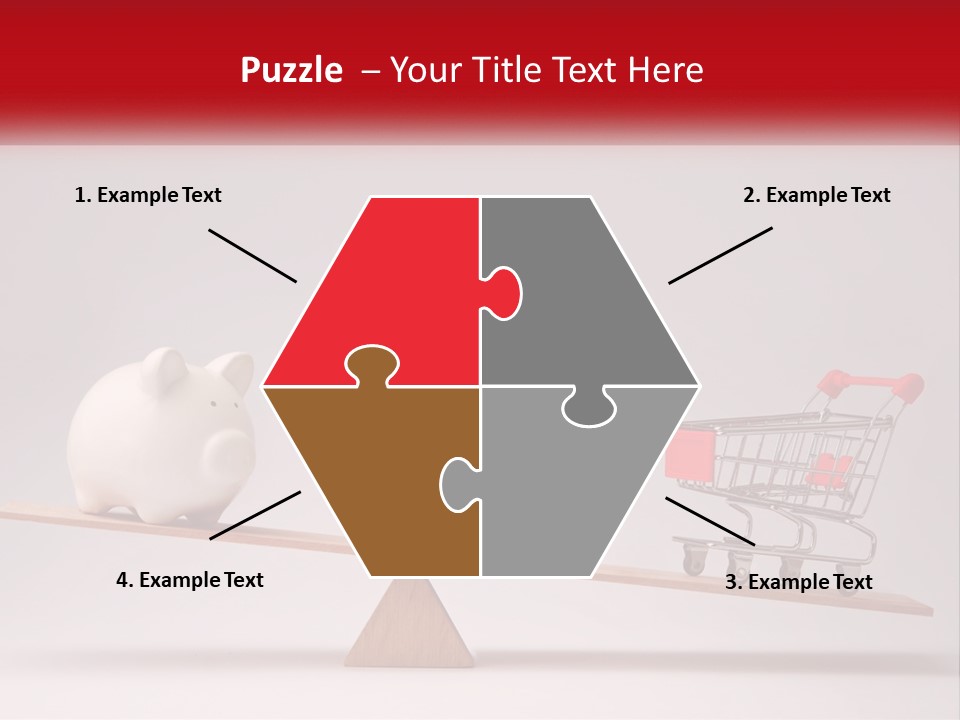 A Piggy Bank Sitting On Top Of A Wooden Seesaw With A Shopping Cart PowerPoint Template