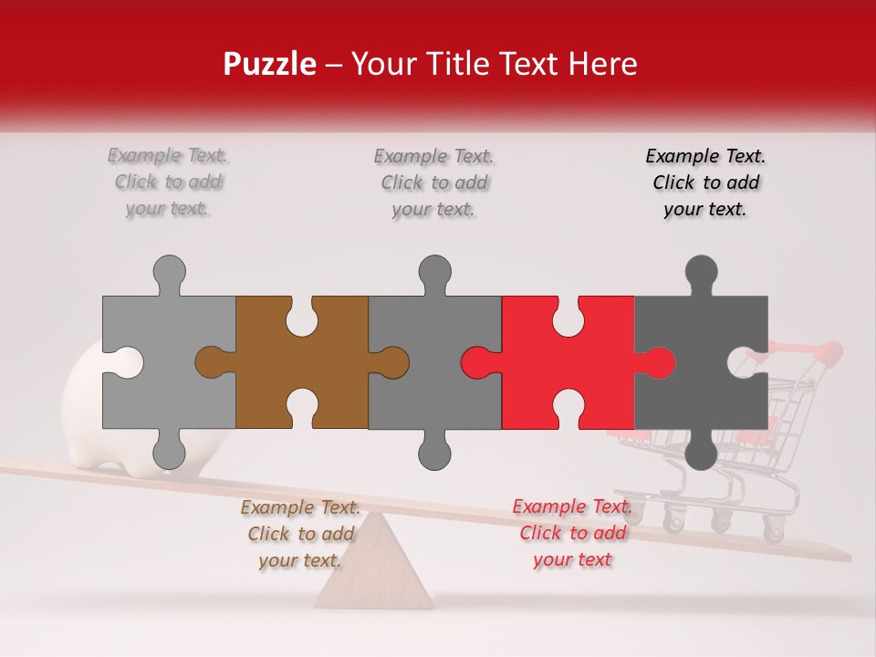 A Piggy Bank Sitting On Top Of A Wooden Seesaw With A Shopping Cart PowerPoint Template