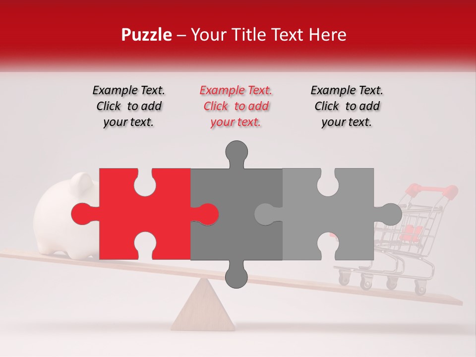 A Piggy Bank Sitting On Top Of A Wooden Seesaw With A Shopping Cart PowerPoint Template