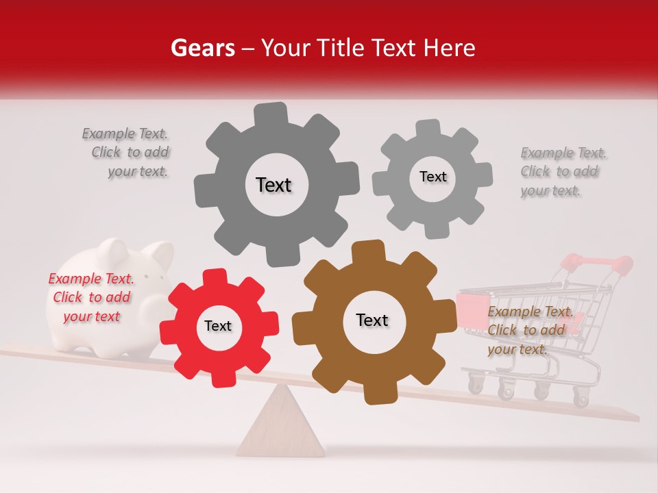 A Piggy Bank Sitting On Top Of A Wooden Seesaw With A Shopping Cart PowerPoint Template