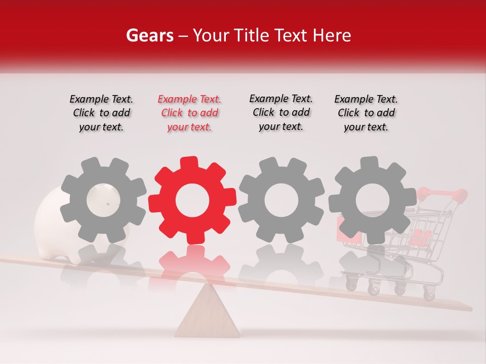 A Piggy Bank Sitting On Top Of A Wooden Seesaw With A Shopping Cart PowerPoint Template