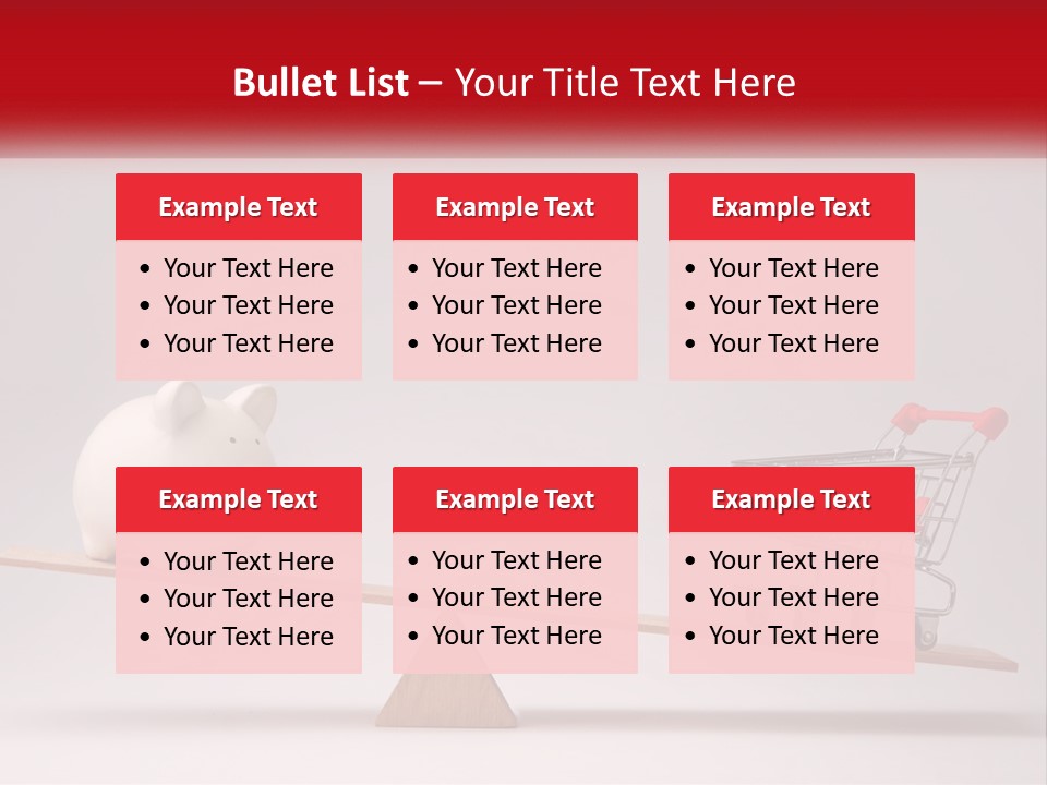 A Piggy Bank Sitting On Top Of A Wooden Seesaw With A Shopping Cart PowerPoint Template