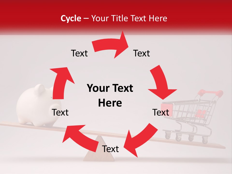 A Piggy Bank Sitting On Top Of A Wooden Seesaw With A Shopping Cart PowerPoint Template