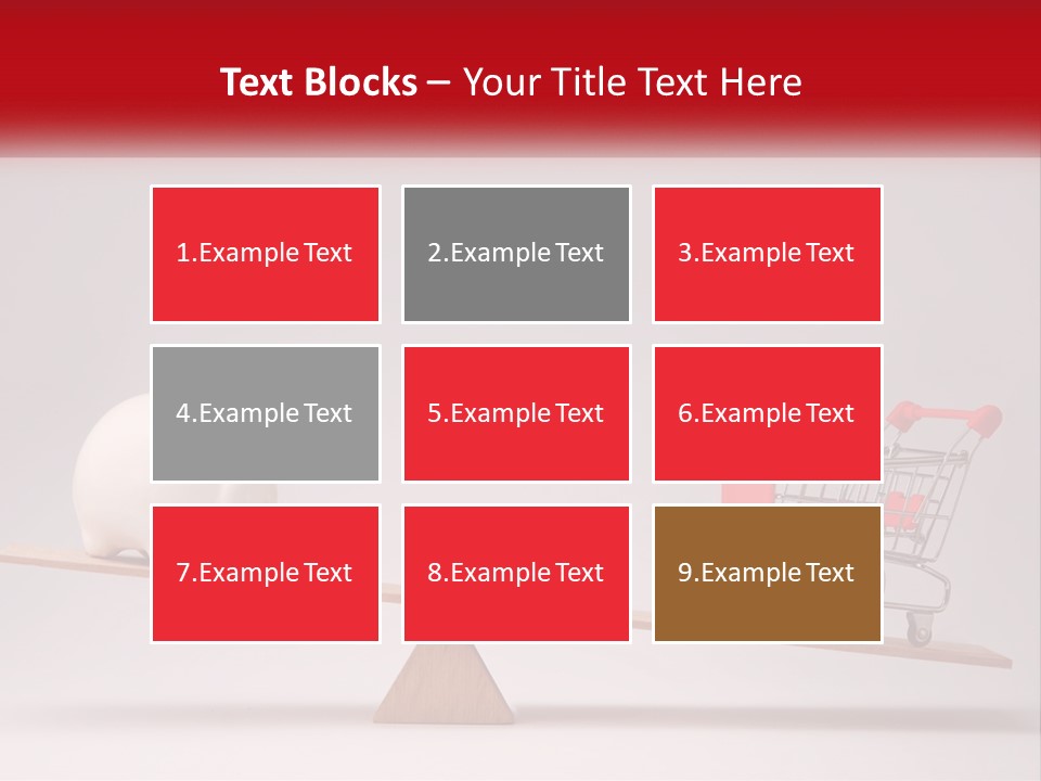 A Piggy Bank Sitting On Top Of A Wooden Seesaw With A Shopping Cart PowerPoint Template