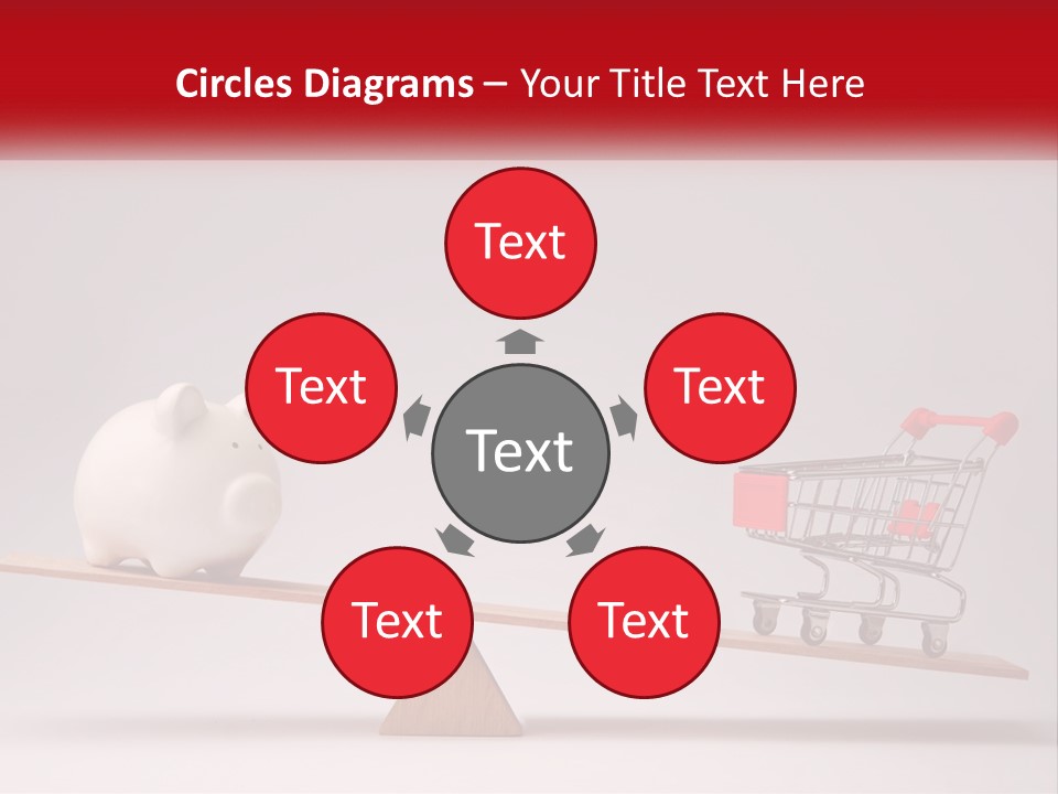 A Piggy Bank Sitting On Top Of A Wooden Seesaw With A Shopping Cart PowerPoint Template