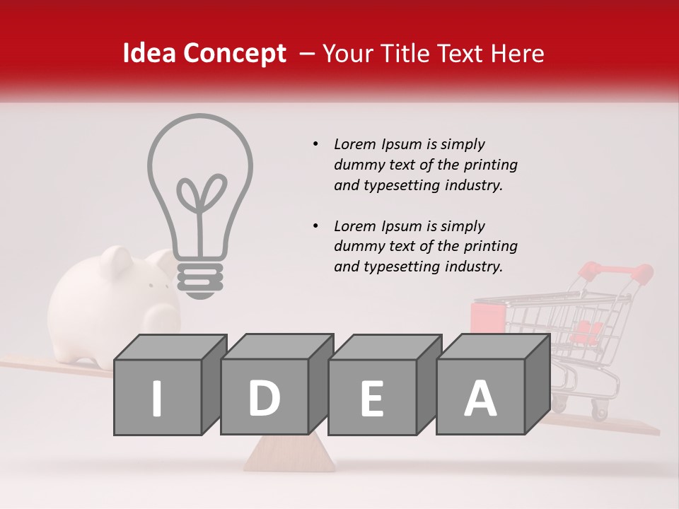 A Piggy Bank Sitting On Top Of A Wooden Seesaw With A Shopping Cart PowerPoint Template