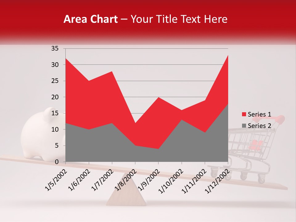 A Piggy Bank Sitting On Top Of A Wooden Seesaw With A Shopping Cart PowerPoint Template