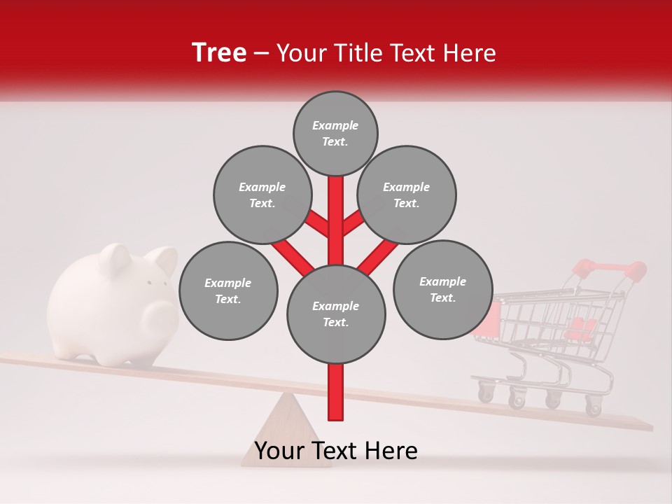 A Piggy Bank Sitting On Top Of A Wooden Seesaw With A Shopping Cart PowerPoint Template